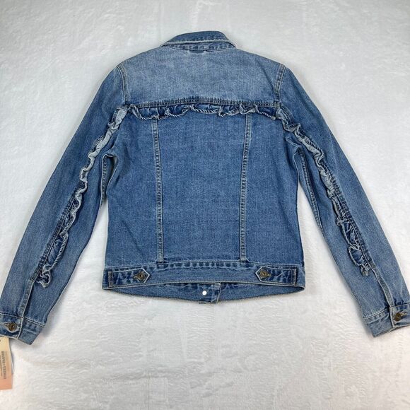 Sunset + Spring Denim Jacket Womens Size Small Ruffle Trim Blue - Picture 1 of 12